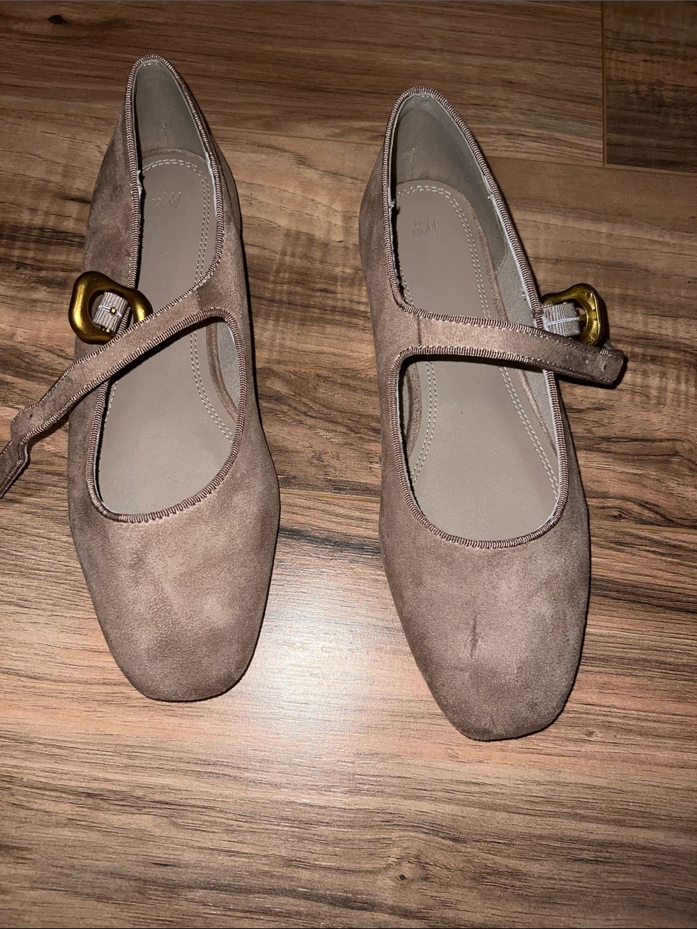 H&M Taupe Suede Mary Jane Flats with Gold Buckle
